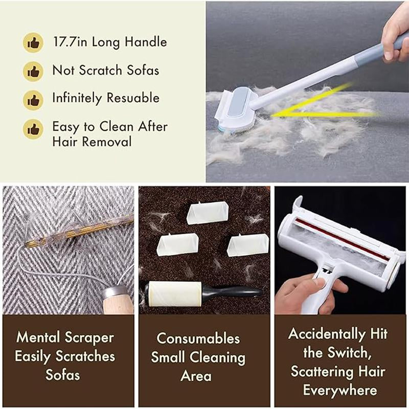 【4 in 1】Pet Hair Removal Tool, Lint Cleaner for Dog & Cat Hair, Gently Effective on Furniture, Carpets, Clothing, Bedding, Cat/Dog Hair Remover with Extra Long Handle & Multi-Functional, Reusable, Washable Brush Pet Hair Removal Tool