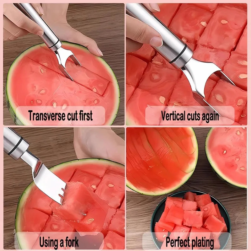 Effortlessly Slice and Serve with the 2-in-1 Stainless Steel Watermelon Fork and Cutter Tool - Perfect for Fruit Salad Lovers!