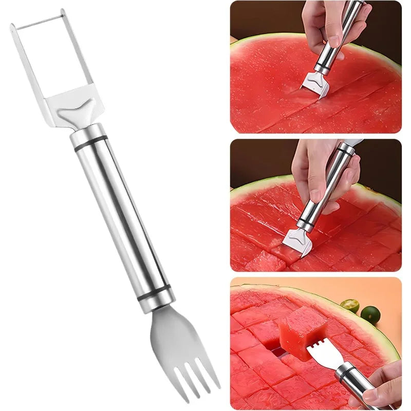 Effortlessly Slice and Serve with the 2-in-1 Stainless Steel Watermelon Fork and Cutter Tool - Perfect for Fruit Salad Lovers!