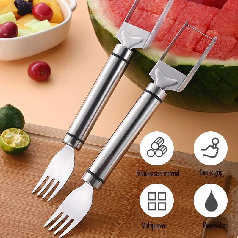 Effortlessly Slice and Serve with the 2-in-1 Stainless Steel Watermelon Fork and Cutter Tool - Perfect for Fruit Salad Lovers!