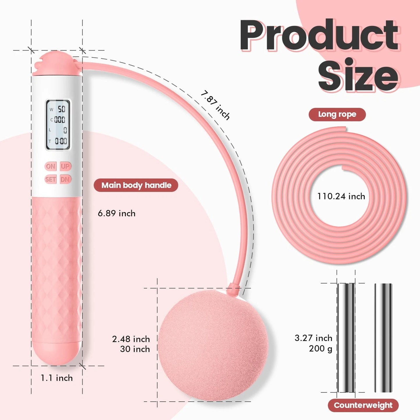 Adjustable Cordless Weighted Jump Rope - Features Built-In Counter, Ropeless Design