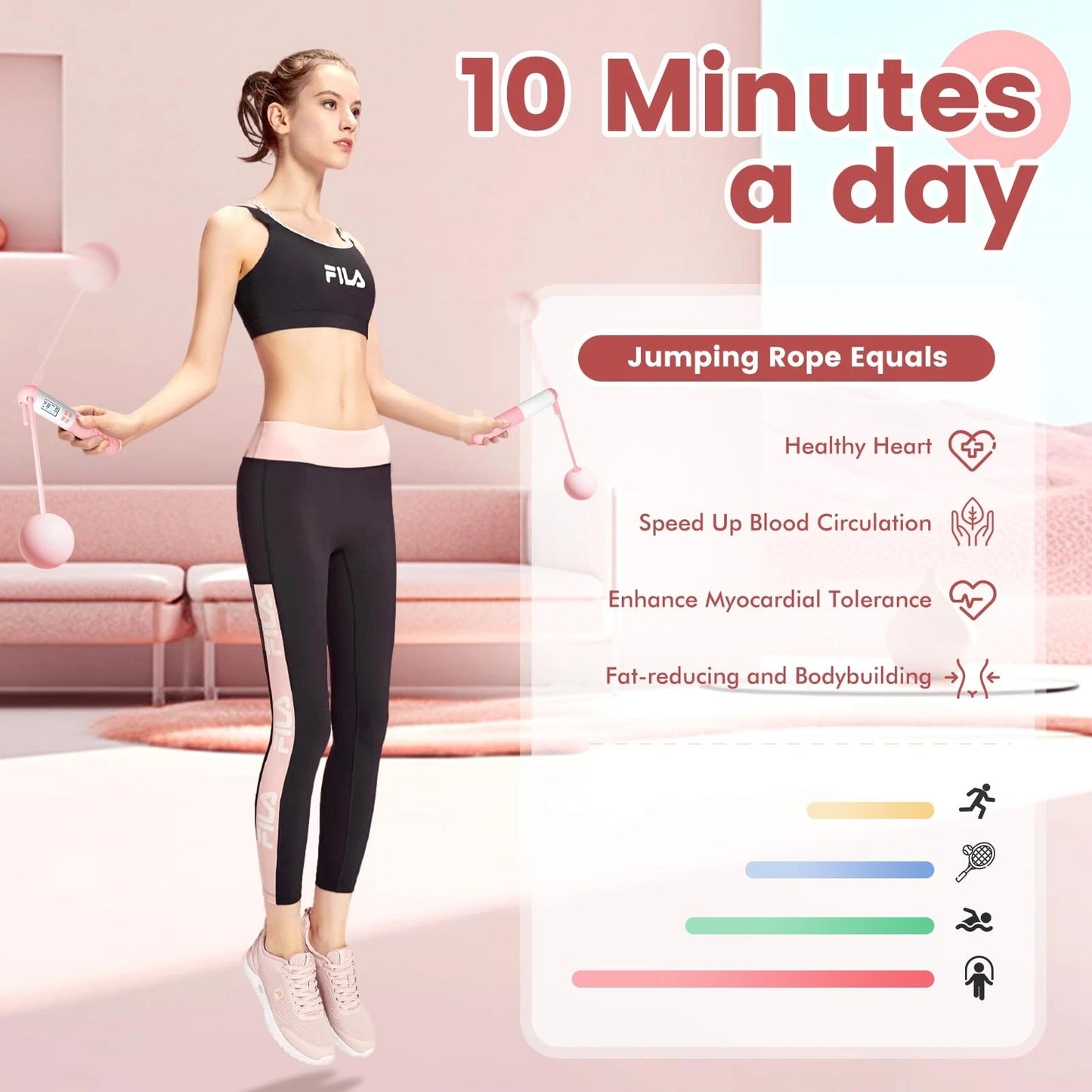 Adjustable Cordless Weighted Jump Rope - Features Built-In Counter, Ropeless Design