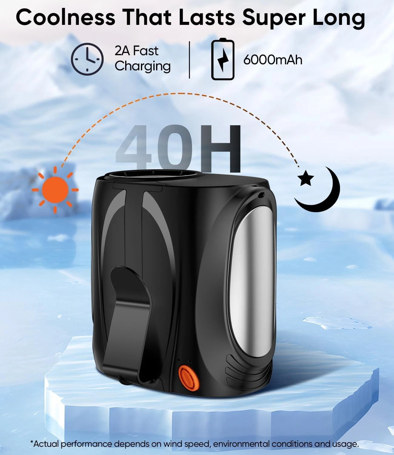 AI Waist Cooling Fan, 6-Speed, 16,000 RPM, 40 Hour Max Runtime.