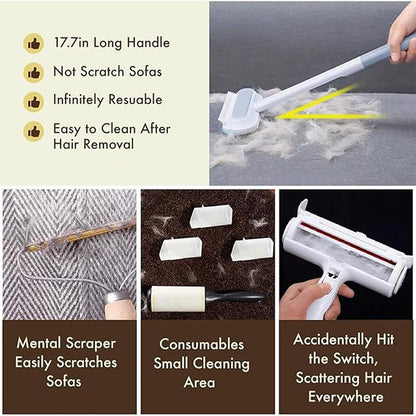 【4 in 1】Pet Hair Removal Tool, Lint Cleaner for Dog & Cat Hair, Gently Effective on Furniture, Carpets, Clothing, Bedding, Cat/Dog Hair Remover with Extra Long Handle & Multi-Functional, Reusable, Washable Brush Pet Hair Removal Tool