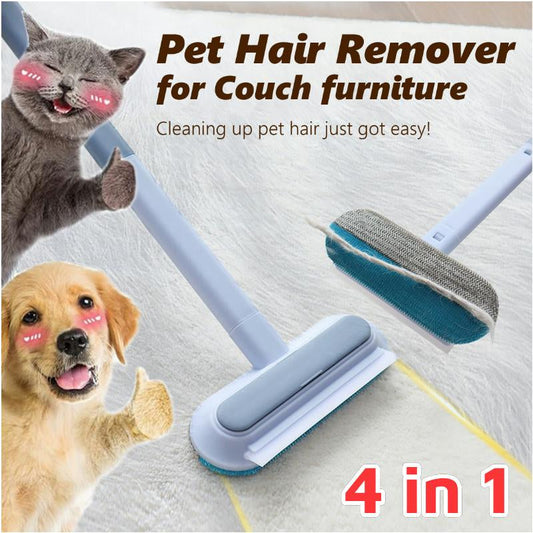 【4 in 1】Pet Hair Removal Tool, Lint Cleaner for Dog & Cat Hair, Gently Effective on Furniture, Carpets, Clothing, Bedding, Cat/Dog Hair Remover with Extra Long Handle & Multi-Functional, Reusable, Washable Brush Pet Hair Removal Tool